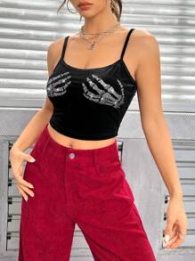 SHEIN EZwear 骷髏手掌水鑽細節吊帶短上衣 - 黑色 - 查看 3