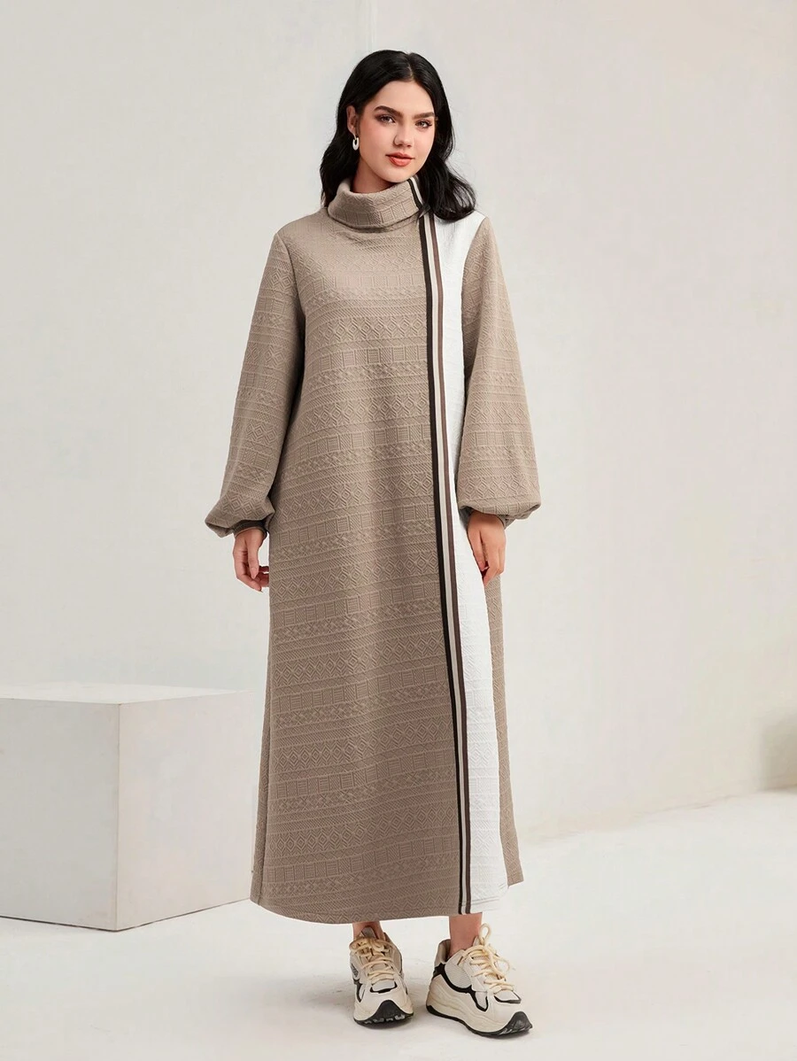 Mulvari High Neck Lantern Sleeve Colorblock Dress - Multicolor - View 1