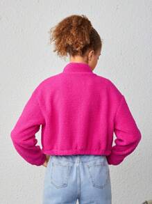 Teen Girl Letter Patched Detail Drop Shoulder Teddy Jacket - Hot Pink - View 2