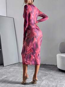 SHEIN Privé 滿版印花側收褶緊身洋裝 - 彩色 - 查看 2