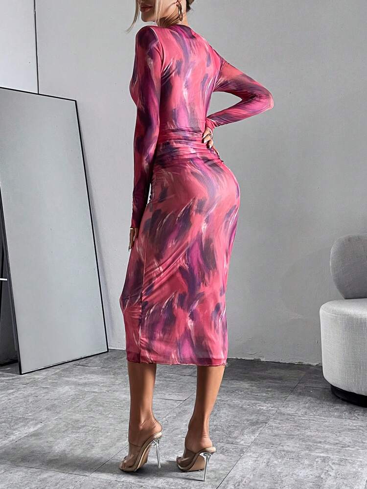 Allover Print Ruched Side Bodycon Dress