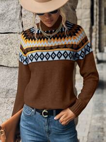 SHEIN LUNE Suéter de manga raglán con estampado geométrico - Multicolor - Ver 3