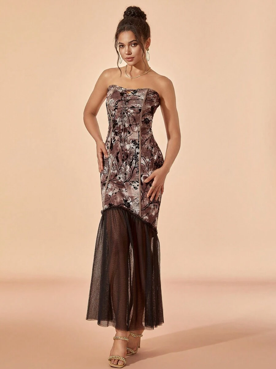 Floral Print Contrast Mesh Mermaid Hem Tube Dress - Coffee Brown - View 1