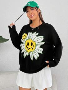 SHEIN EZwear 大碼花卉圖案&卡通臉圖案落肩袖套頭毛衣 - 黑色 - 查看 5