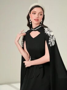 Al Najma Pearls Detail Cloak Sleeve Belted Kaftan, Modest Arabian Dress