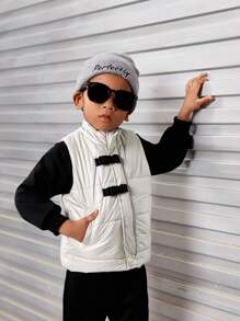 SHEIN Explorewe Young Boy Slant Pockets Sleeveless Buckle Front Padded Coat - Light Grey - View 3