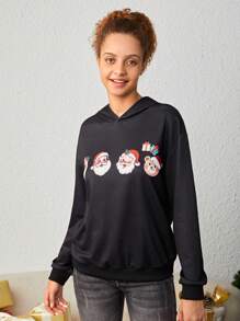 Teen Girls Christmas Print Drop Shoulder Hoodie for Christmas
