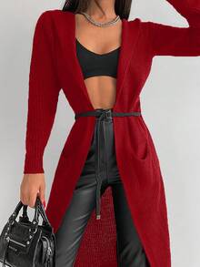 EURMUSE 女士纯色长袖长款休闲连帽针织开衫，秋冬季 - 酒紅色 - 查看 6