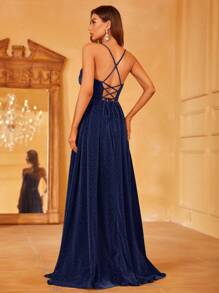 Faeriesty 优雅女士精致细肩带长款派对礼服 | 胸前褶皱细节和背部系带束腰设计，完美适用于春季婚礼、花园派对、户外森林庆典、浪漫晚餐、正式肖像拍摄、湖畔聚会和梦幻晚宴、返校节和毕业典礼礼服、生日女士服装、春季连衣裙和夏季服装 - 藏蓝色 - 查看 3