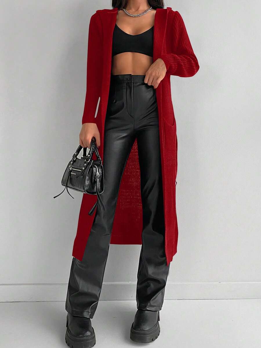 EURMUSE 女士纯色长袖长款休闲连帽针织开衫，秋冬季 - 酒紅色 - 查看 1