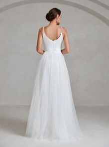 Floral Appliques Mesh Overlay Cami Wedding Dress - White - View 2