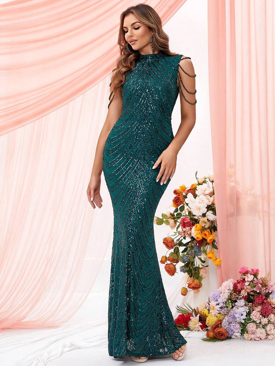 LOVE&LEMONADE 高领链条细节美人鱼下摆亮片舞会礼服，优雅正式晚宴婚礼宾客礼服，适合毕业典礼、晚宴 - 綠色 - 查看 1