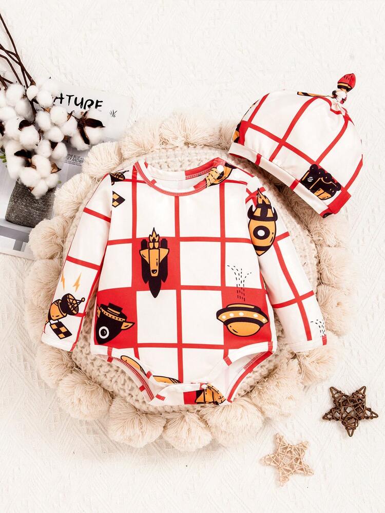 Baby Boy Plaid & Cartoon Graphic Bodysuit & Hat