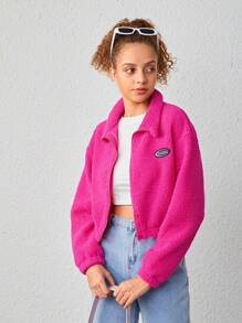 Teen Girl Letter Patched Detail Drop Shoulder Teddy Jacket - Hot Pink - View 1
