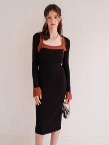 Contrast Trim Flare Sleeve Sweater Dress - Black - View 1