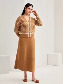 Mulvari Geo Pattern Button Front Cardigan & Knit Skirt