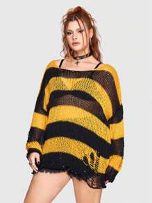 ROMWE Grunge Punk Plus Colorblock Drop Shoulder Distressed Sweater - Multicolor - View 1