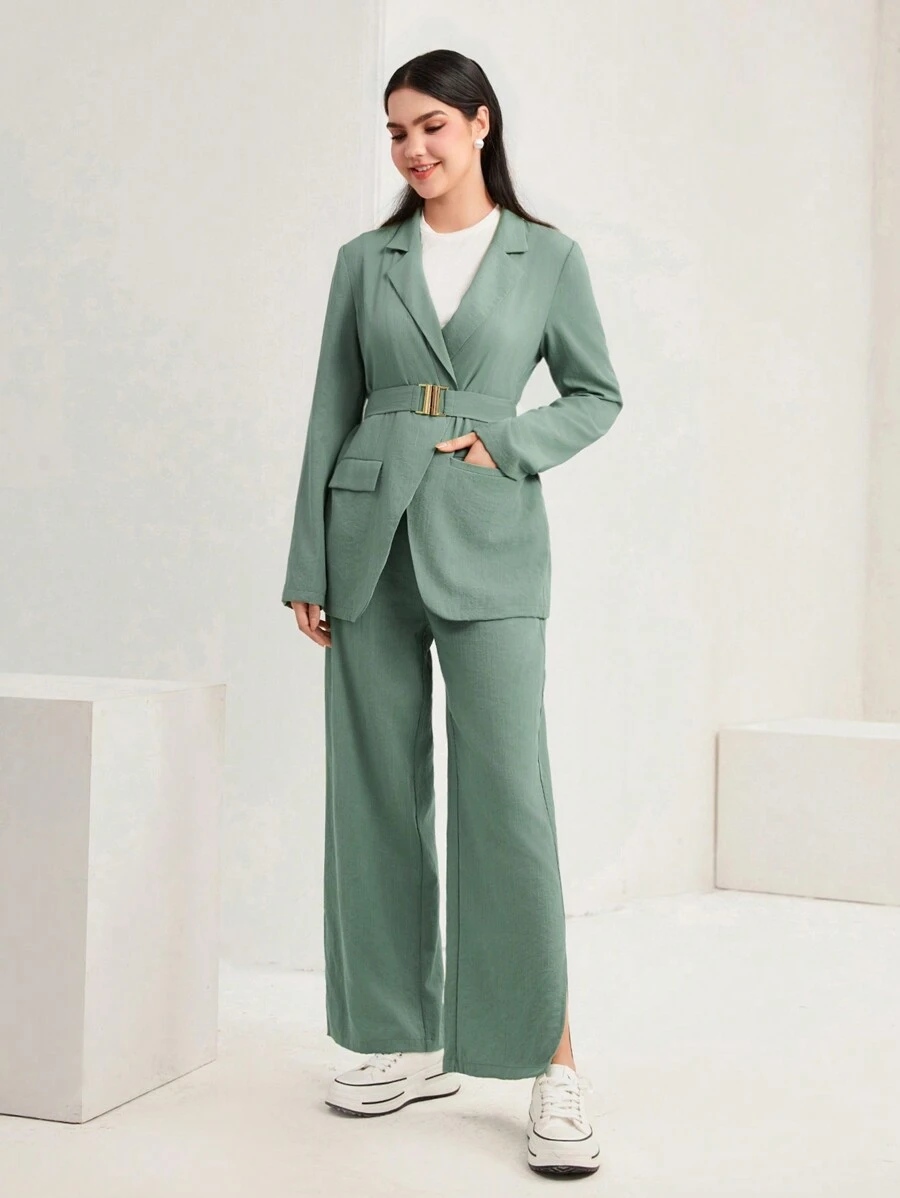 Mulvari Cổ áo Thắt lưng Áo vest & Viền chia cắt Quần - Màu xanh Bạc hà - Xem 1