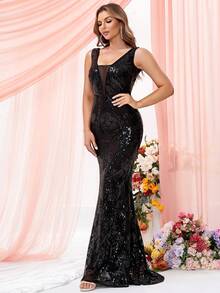 LOVE&LEMONADE 嵌入網紗魚尾裙下擺亮片舞會洋裝 - 黑色 - 查看 6