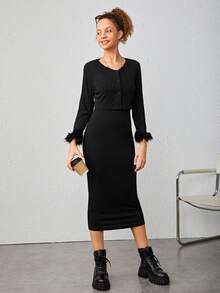 青少年女孩毛茸茸袖口夾克和吊帶洋裝 - 黑色 - 查看 7