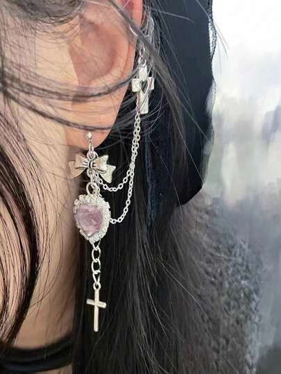 Goth 1 pieza Arete atractivo aleación de zinc con corazón con diamante de imitación & decoración cruzada para mujeres para decoración diaria