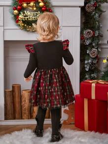 SHEIN Baby Girl Tartan Print Ruffle Trim Mesh Hem Dress 
 Mommy&Me Matching Outfits (2 Pieces Are Sold Separately) - Red - View 2