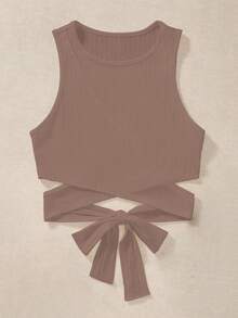 SHEIN Unity 女式简约纯色系带圆领吊带背心，夏季 - 卡其色 - 查看 4