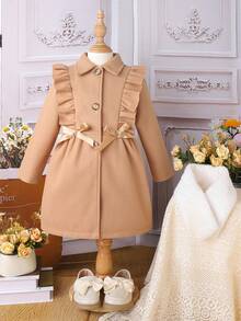 SHEIN 女小童荷葉邊前蝴蝶結洋裝 - 卡其色 - 查看 3