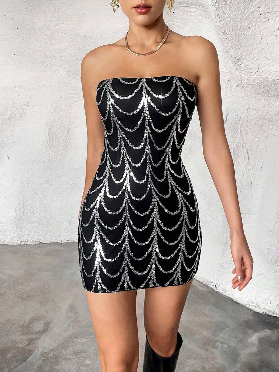 SHEIN Privé Sequin Decor Tube Bodycon Dress - Black - View 1