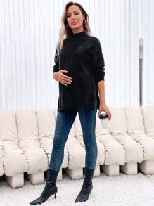 SHEIN Maternity Mock Neck Drop Shoulder Fluffy Knit Sweater, For Winter - Black - View 5