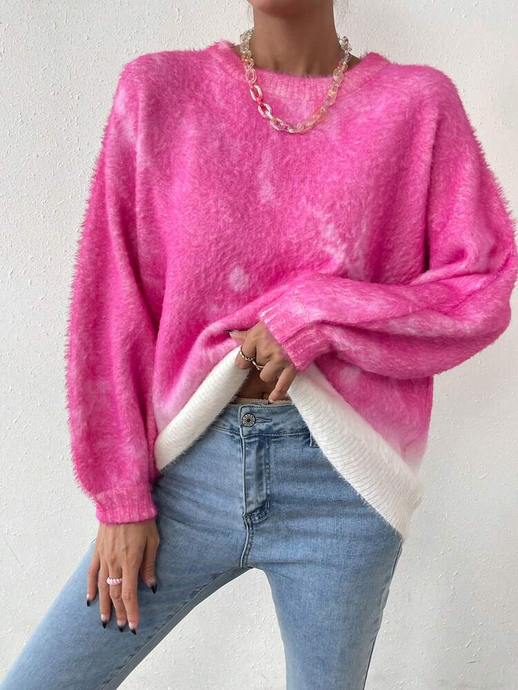 Ombre Drop Shoulder Fuzzy Knit Pullover Fall Winter Sweater