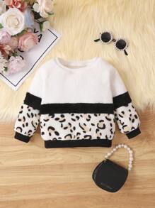 Baby Girl Leopard Pattern Colorblock Teddy Sweatshirt - White - View 1