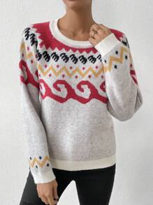 SHEIN Unity Suéter de punto con mangas raglán y estampado geométrico para otoño e invierno - Albaricoque - Ver 4