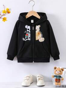 SHEIN Jonge jongen beer en slogan grafische hoodie met rits