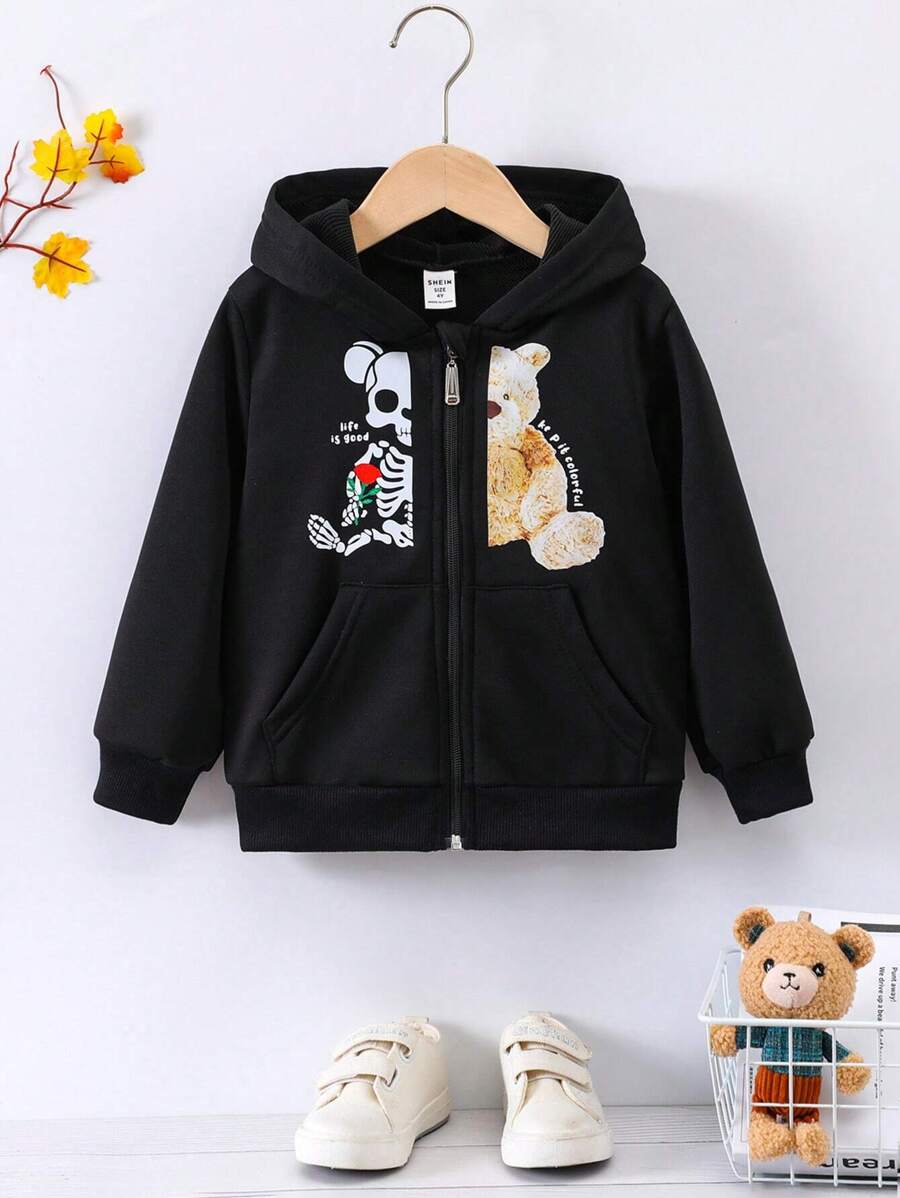 SHEIN Jonge jongen beer en slogan grafische hoodie met rits