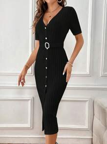 SHEIN Essnce Button Front Belted Bodycon Dress - Black - View 5