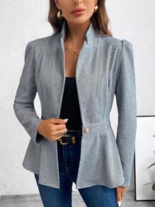 SHEIN LUNE Lapel Neck Single Button Peplum Hem Coat - Grey - View 3