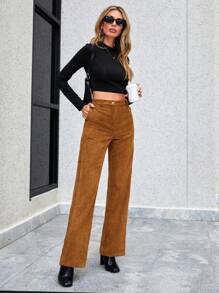 EURMUSE Cao eo Túi nghiêng Vải to sợi Quần chân thẳng - màu nâu - Xem 5