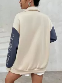 Flirla Letter Embroidery Colorblock Drop Shoulder Jacket Fall Winter Cloth For Women - Apricot - View 2