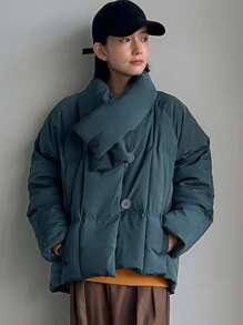 DAZY 纯色纽扣前衬垫厚口袋外套，女式冬季外套夹克 - 墨綠色 - 查看 15