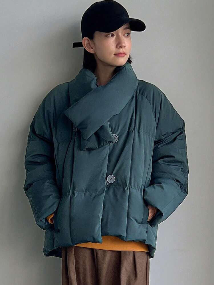 Solid Button Front Padded Thick Pockets Coat, Women Winter Coat Jacket