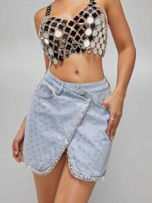 Váy denim quấn chi tiết kim cương giả - Rửa nhẹ - Xem 1