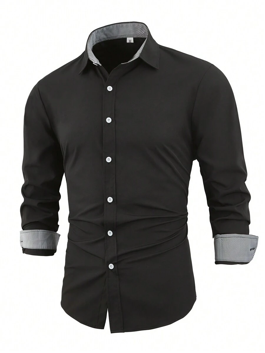 男士條紋拼接邊前排扣襯衫 - 黑色 - 查看 1