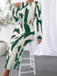 SHEIN Privé 圖案印花洋裝不附腰帶 - 綠色 - 查看 1