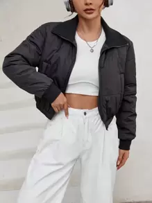 Flirla Zip Up Crop Padded Padded Coat For Winter Clothes