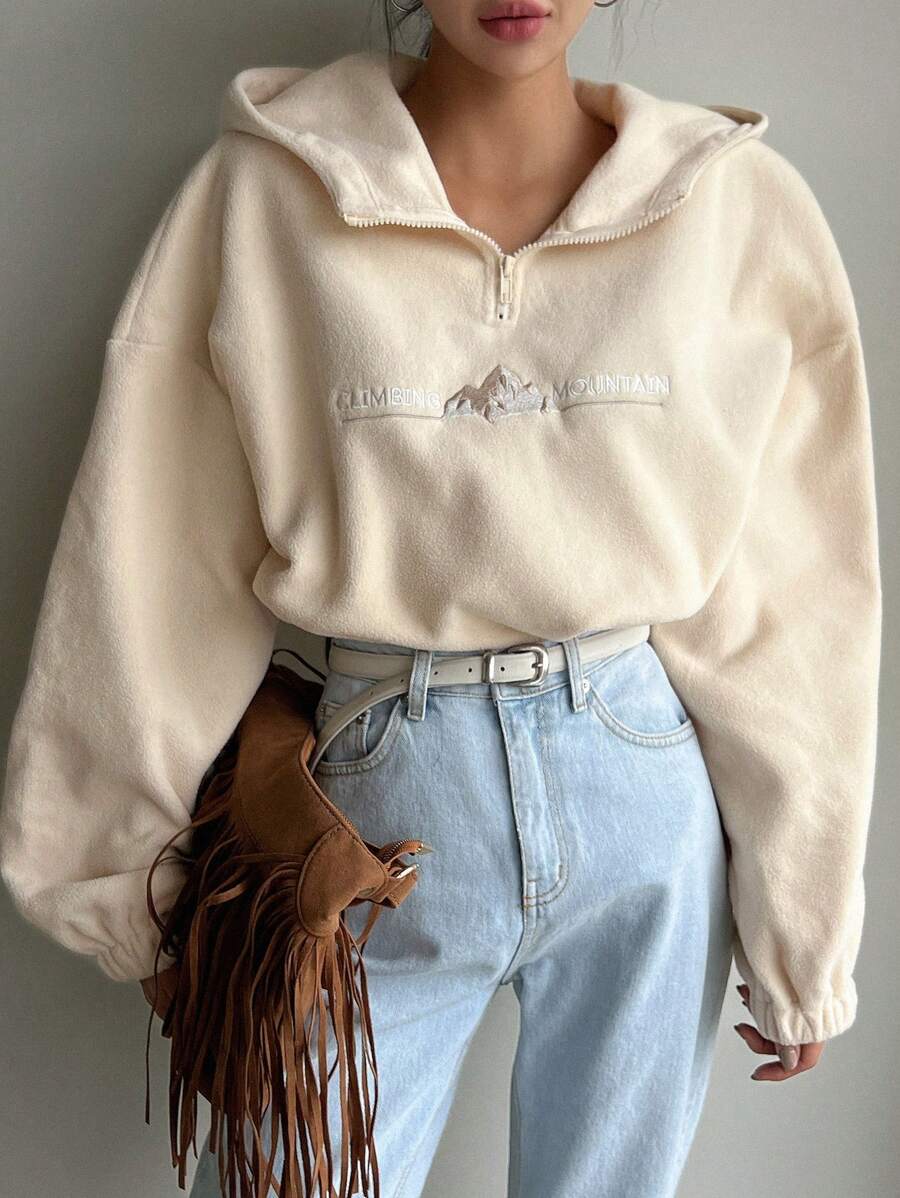 DAZY 字母刺绣落肩羊毛连帽卫衣，秋季女装