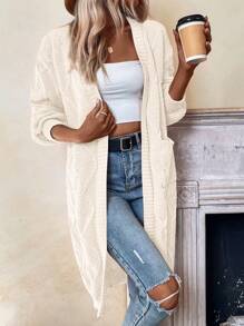 SHEIN Frenchy Argyle Knit Dual Pocket Drop Shoulder Duster Cardigan - Beige - View 5