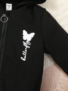 SHEIN Áo hoodie in hình bướm trẻ trung & áo có dây kéo & quần bó sát - màu đen - Xem 5