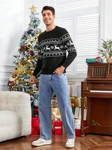 Manfinity VCAY Men Christmas Elk & Geo Pattern Sweater, For Fall Winter - Black - View 6