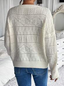 Chiquease Solid Pointelle Knit Drop Shoulder Sweater Knit Pullover Fall Winter Outfit - Apricot - View 2